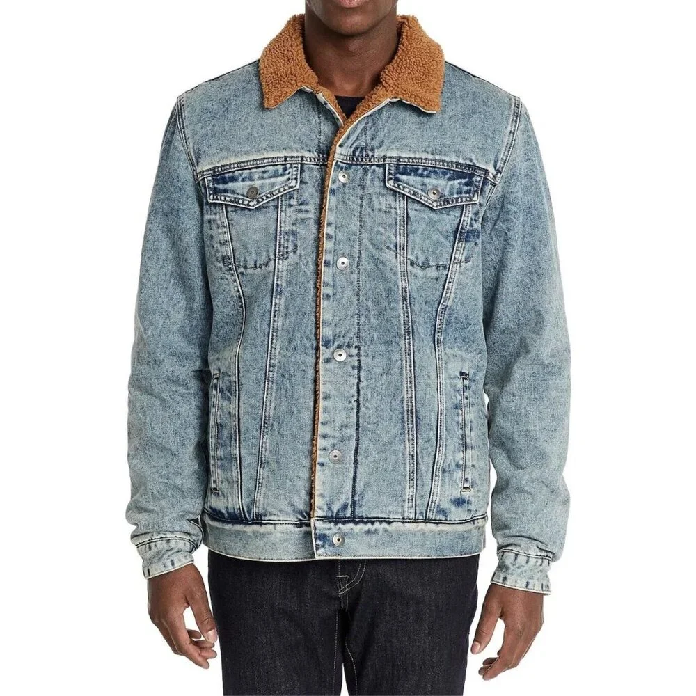 NEW Buffalo David Bitton Blue Mens Acid Wash Sherpa Denim Jacket - Large - Picture 2 of 13
